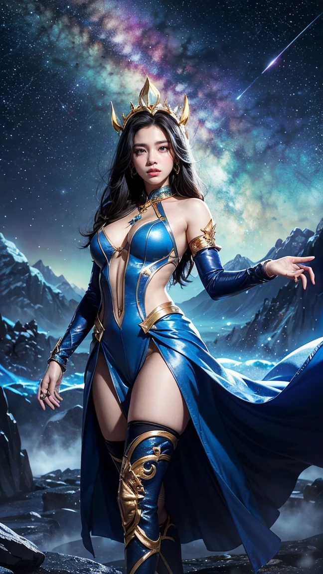"Depict Bel'Veth from League of Legends by Riot Games in her Cosmic skin, adorned in her celestial-themed attire with starry motifs and glowing constellations, having massive k-cups:1.55. She's standing on an otherworldly landscape with swirling galaxies and shimmering stars, in an attractive pose with a regal, mystical aura."
