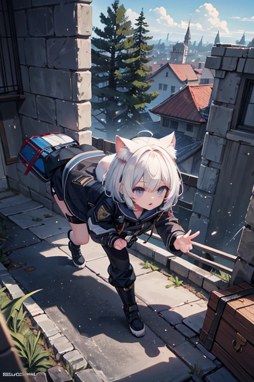 anime style,super fine illustration, masterpiece,best quality,super detailed,8k,BREAK white cat girl,short hair,独奏,army jacket,BREAK she is running forward.BREAK in battlefield,collapse building,detailed background,BREAK Get the treasure chest