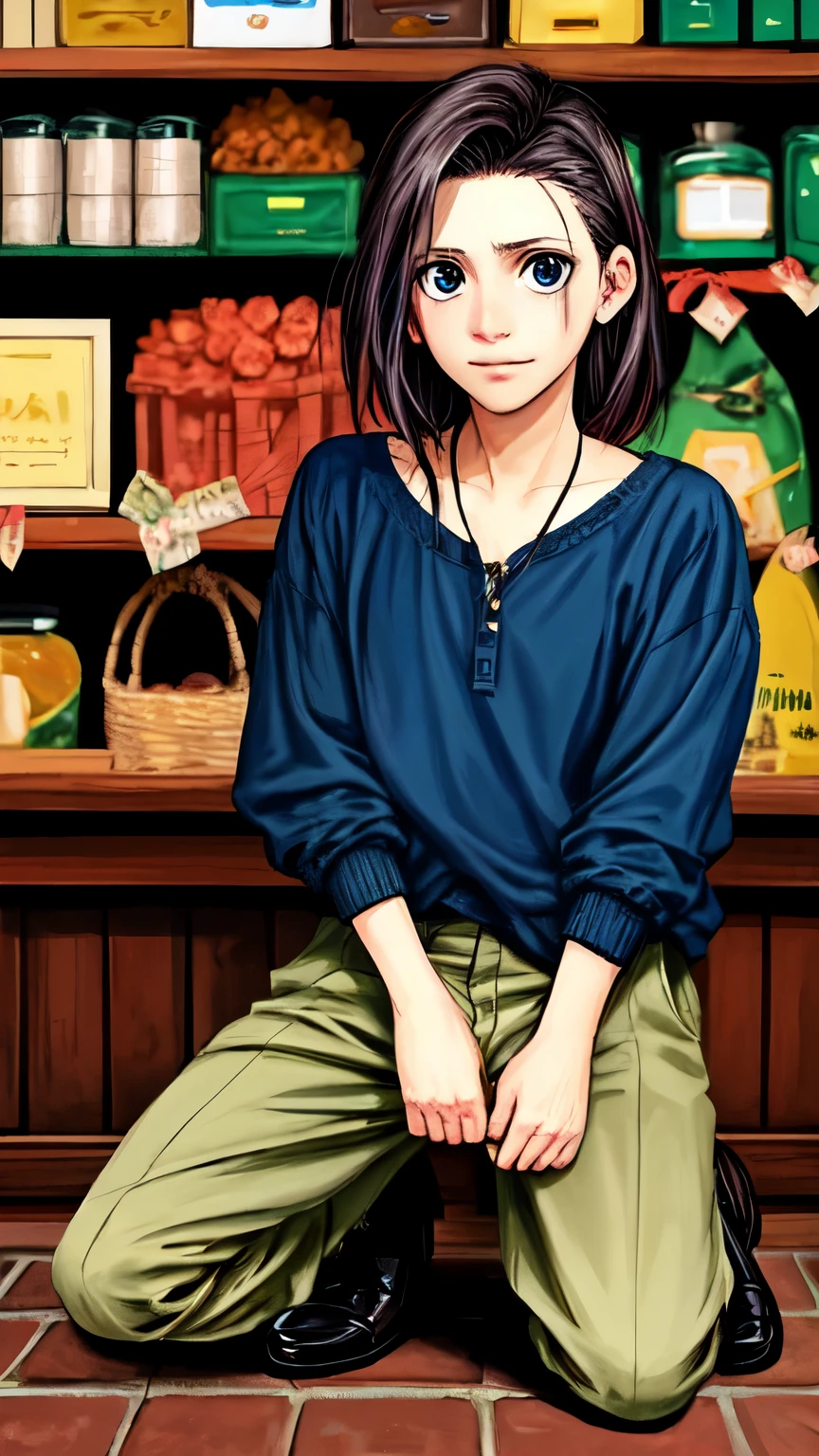 The shopkeeper kneeling to the boy's level, a look of concern and kindness on his face. Animated realistic style with vibrant colors and detailed features.