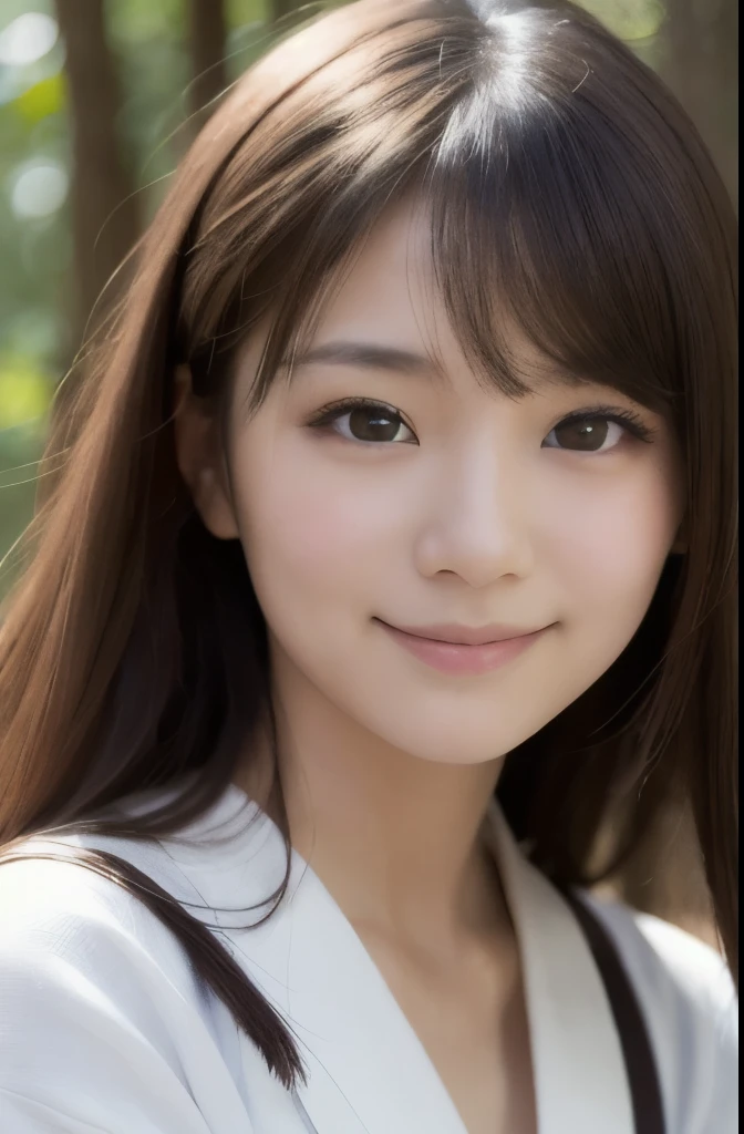 best quality, face focus, soft light, ultra high res, (photorealistic:1.4), RAW photo,(Shinozaki Ai), white skin, kawaii,
1 Japanese girl, solo, cute, (smile), (pupil, lights in the eyes), detailed beautiful face, Medium-sized breasts,(high resolution detail of human skin texture),(long hair),(portrait), upper body, white traditional kimono, in the forest,
