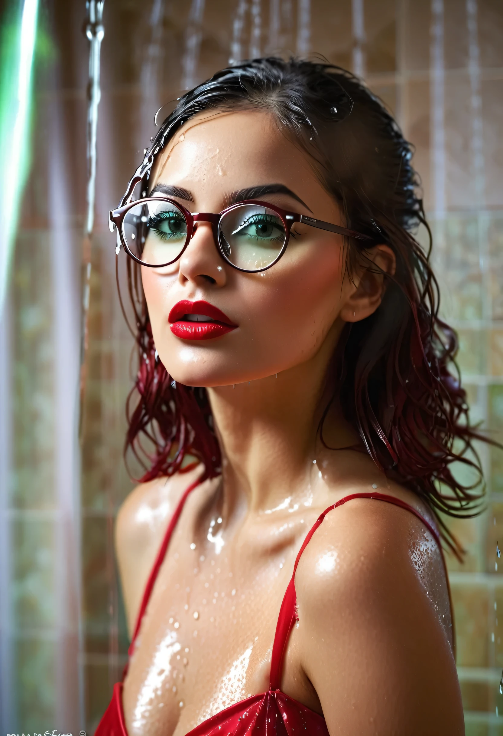 arafed woman wearing glasses in shower, water dripping from above, water dripping from chin, behind curtain, wearing red dress posing for a picture, with glasses, girl with glasses, sexy girl with green eyes, glasses, with glasses on, beautiful model girl, eyeglasses, wearing glasses, sexy girl, beautiful girl model, thick glasses, green and red tones, attractive girl, girl wearing round glasses, sexy red lips pressed, narrow nose, spectacled