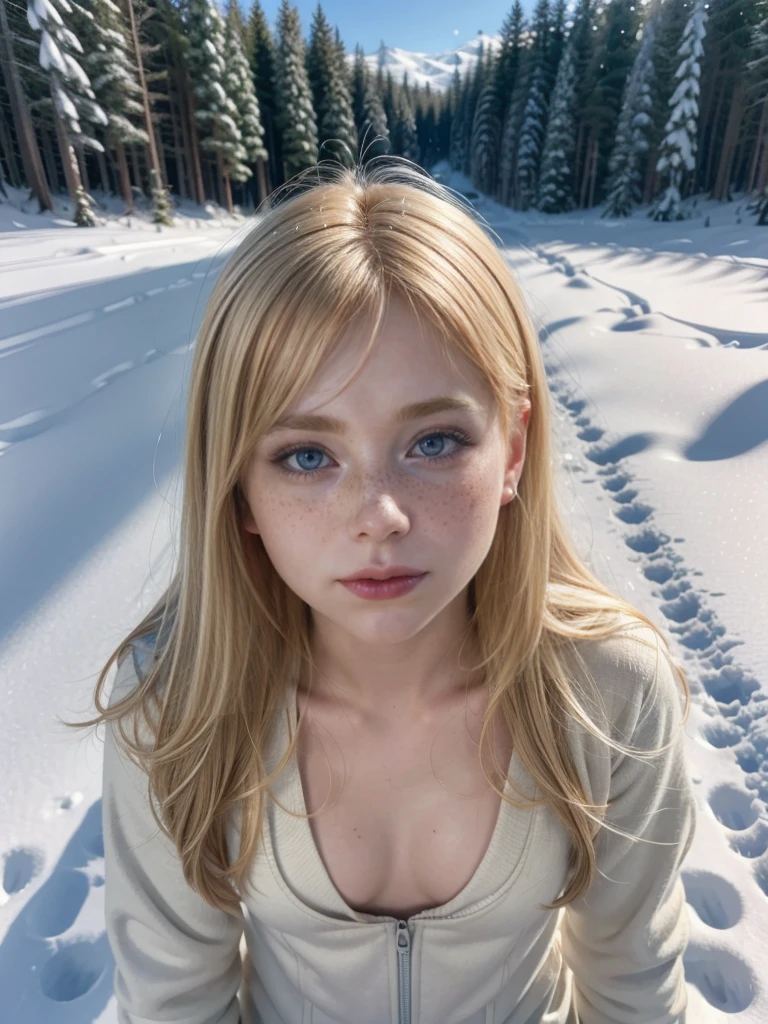 Blonde girl posing in the snow. (((((real life image))))) (((small))) (((slim)))