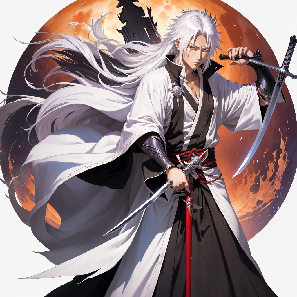 anime character with sword and robe holding a sword in front of the full moon, bleach manga style, Ichigo Kurosaki, Beautiful male god of death, Akiyuki Shinbou, Shikanosuke Yagaki, bleach, official art, white fox anime, White haired deity, Kazuya Tsurumaki, A silver haired madman, yakisugi based on the anime Bleach 