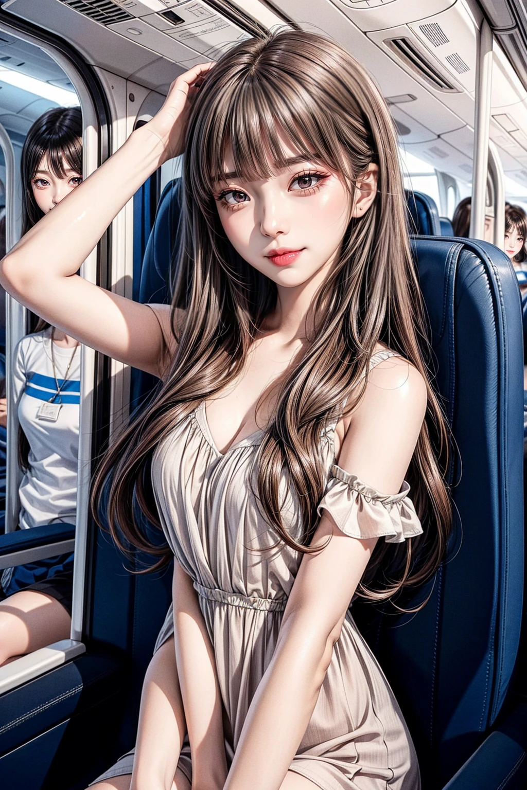 On the plane, looking at the camera with a shy face. short dress that reveals the shoulders, long wave hair, brown eyes.