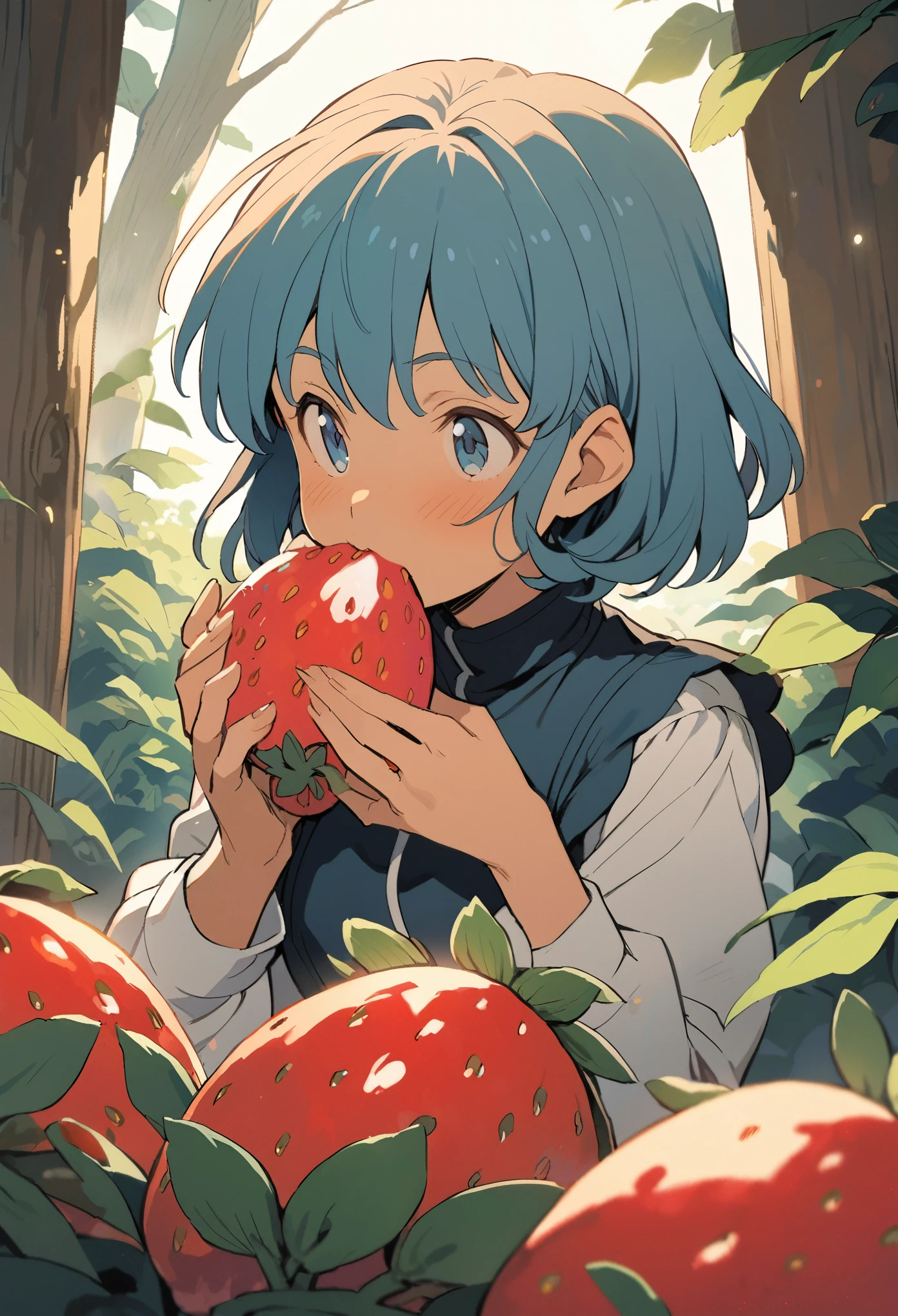 Ghibli, Nausicaa, A girl eating a large strawberry with gusto, Upper Body