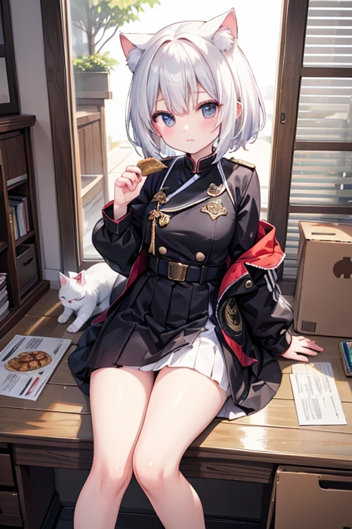anime style,super fine illustration, masterpiece,best quality,super detailed,8k,BREAK white cat girl,short hair,独奏,army jacket,BREAK Get food box。