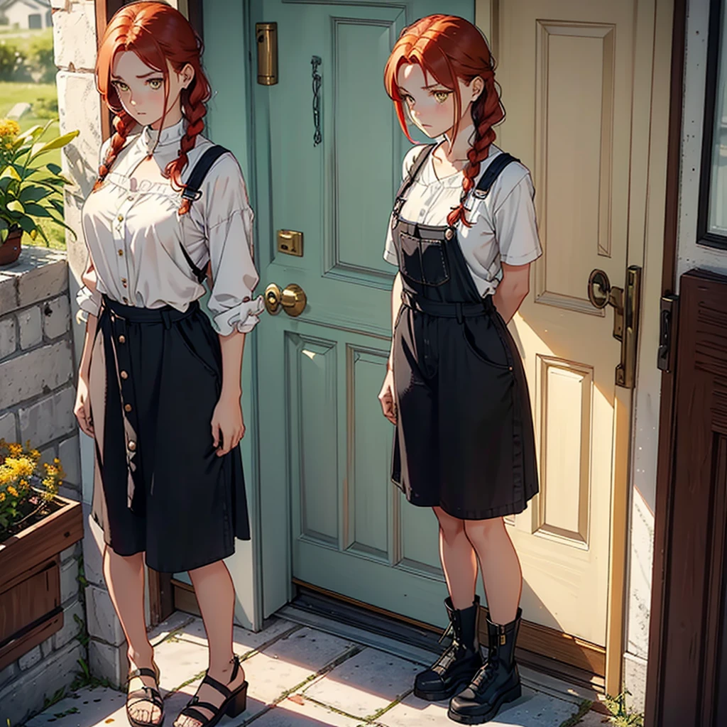 A woman, 20 years, by the wide, (redhead), honey yellow eyes, small braids in her hair, chest a little big, beautiful body, fearful eyes, shy facial and body expressions, full body, black overalls skirt with white blouse, standing at the entrance of a house in front of the door, head on.