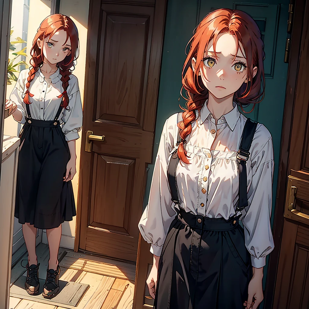 A woman, 20 years, by the wide, (redhead), honey yellow eyes, small braids in her hair, chest a little big, beautiful body, fearful eyes, shy facial and body expressions, full body, black overalls skirt with white blouse, standing at the entrance of a house in front of the door, head on.