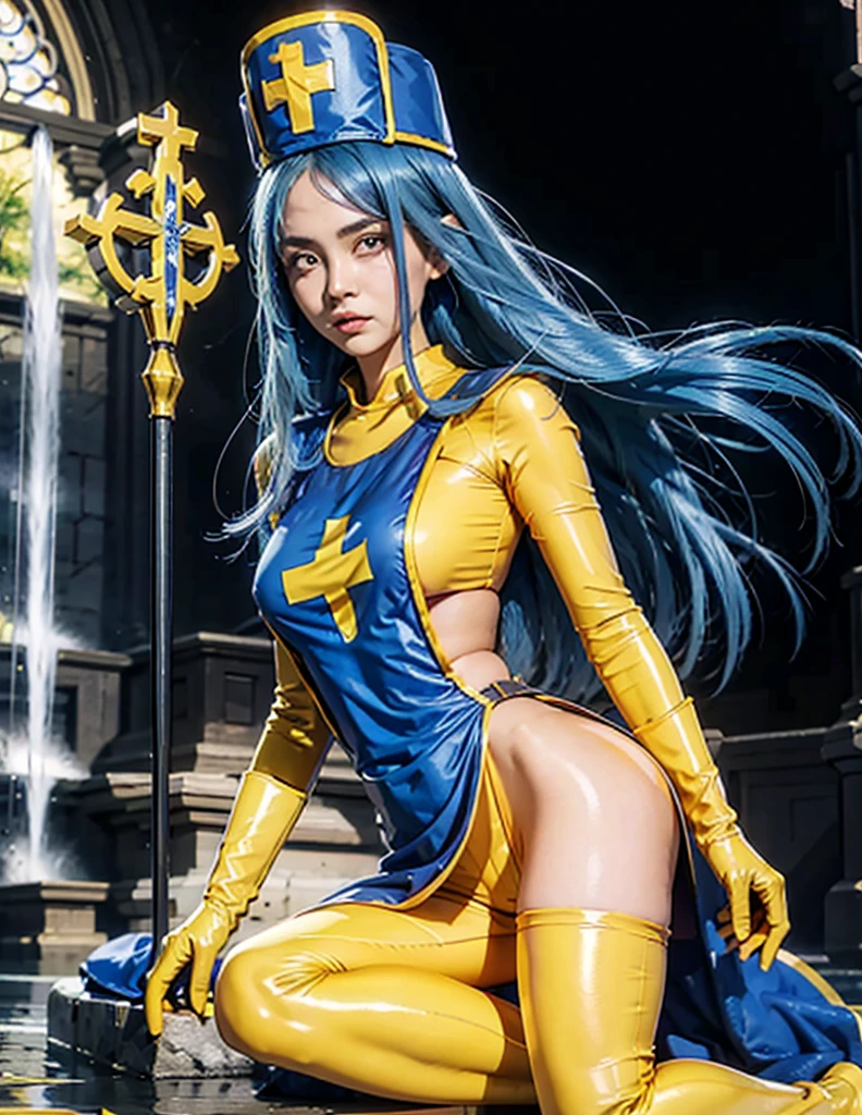 priest \(dq3\), orange bodysuit, long hair, 1girl, solo, breasts, looking at viewer, large breasts, red eyes, gloves, hat, blue hair, aqua hair, bodysuit, staff, tabard, cross print, mitre, (beautiful waterfall:1.1), sitting, yellow tight fitting body suit, small head, (yellow tight fitting trousers), detail face, Bright face, blue floating hair