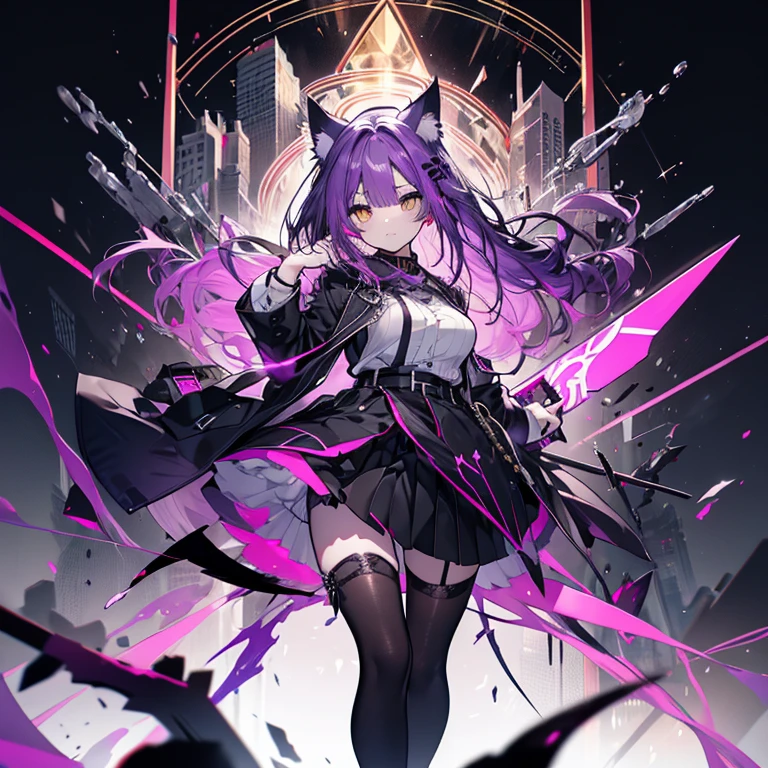 1 girl、Mature、Ample breasts、Purple Hair、Yellow Eyes、Long Hair、Cat ear、Miniskirt、ピンクのMiniskirt、pumps、ピンクのpumps、Black Stockings、Torn Stockings、Intimidation、Dynamic、Long nails、Sharp Claws、Night view、High resolution、Highest quality