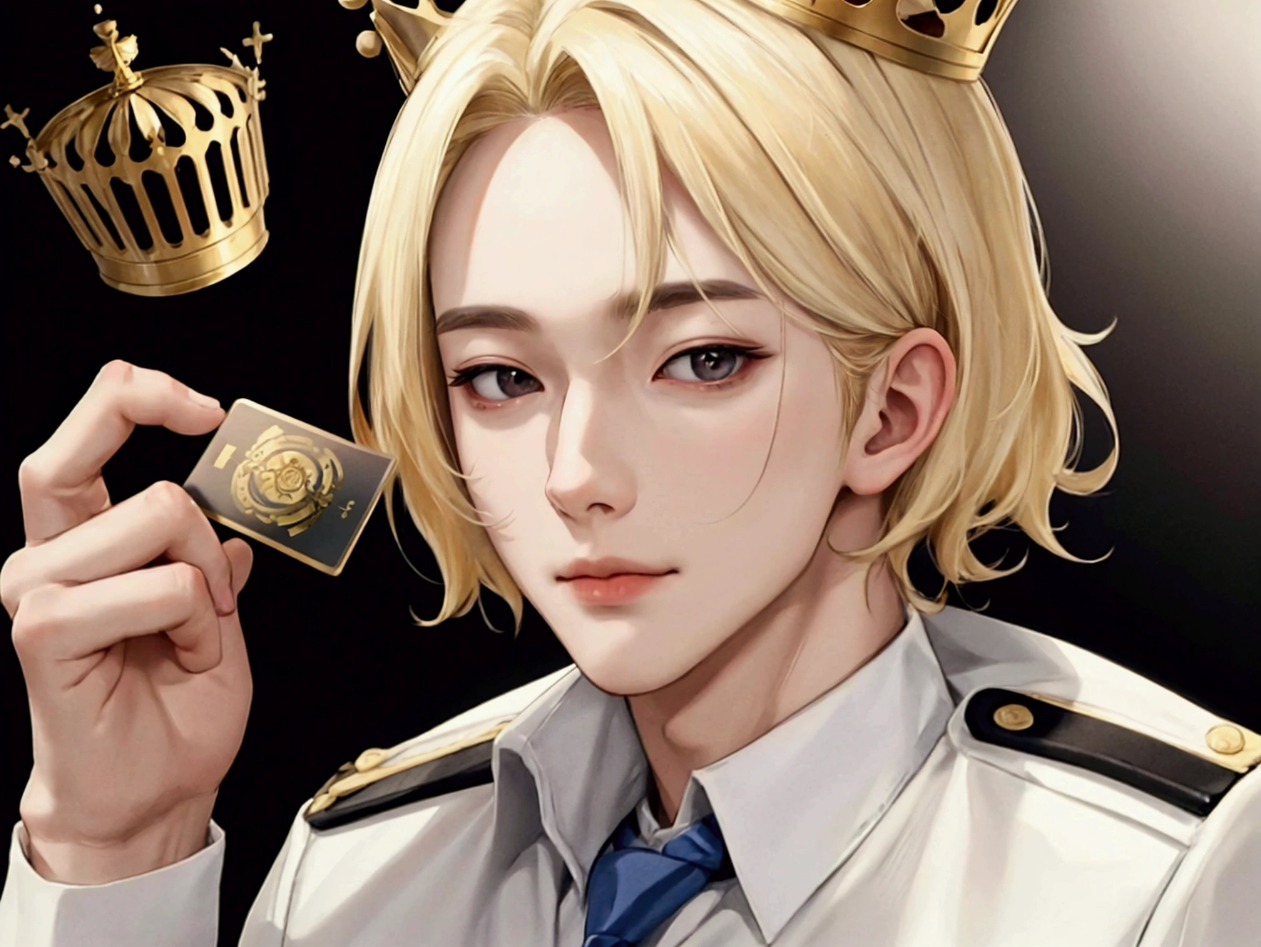 Blonde hair, white skin, Passport Photo, School uniform, Age 18, With crown, super detail, 8k, masterpiece, 1 boy, Korean, Handsome