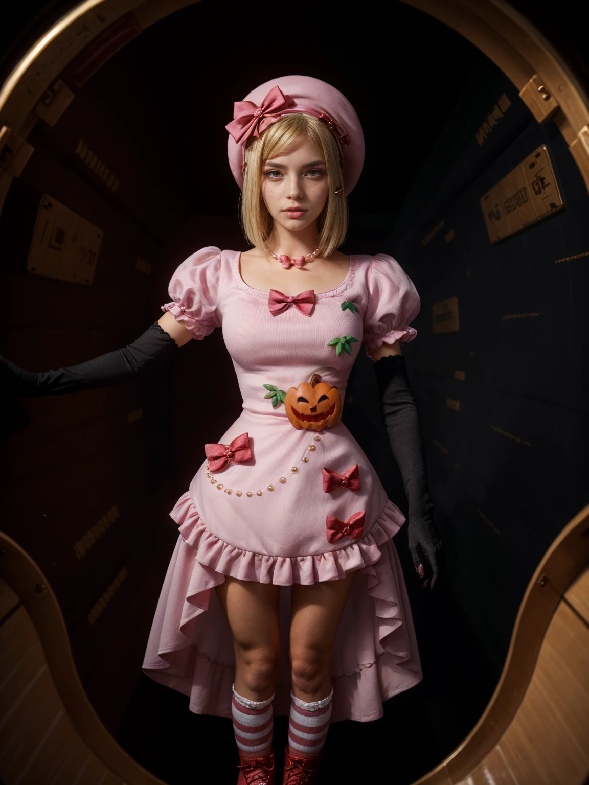 (1 lady), The beautiful, (Best quality at best:1.4), (ultra - detailed), (extremely detailed CG unified 16k), gold blonde hair, very detailed, High-definition RAW color photo, professional photoshooting, amazing face and eyes, cosmetics, (amazingly beautiful girl), ((lambdadelta, taller, tall woman)), ((dress, shoes bow, red shoes, striped stockings, red bow, pink hat, necklace, gloves, pearl, pumpkin brooch, pink dress)), levitating in a cute posture (floating in the air), (She's levitating in a cosmic sea, outer space:1.3, quantum hyperspace room lacking walls, hyperspace chamber, extremely detailed background, a lot of details background, realistic background), (look from above), realistic cinematic face, head to feet long wide zoomed out view, full body long view, photorealistic, ((realistic natural blonde hair style, red eyes)), gorgeous, extremely beautiful face, perfect model beauty, pout mouth, Highly Detailed Face and Skin Texture, Detailed Eyes, Double Eyelids, Big Breasts, Persistent Stare, Faith Trance, (mystical stare, looking eternity), (masterpiece), best quality, high resolution, depth of field, cinematic lighting, amazing legs, pink combat boots, clear and well-cared skin