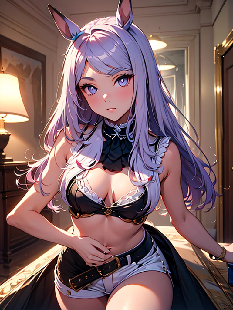 (masterpiece、top-quality、hight resolution),Illustration of a female model in an indecent pose. The model is striking an alluring pose. The model is looking quietly seductive. She is wearing an outfit appropriate for a masturbator. The background is a well-lit studio setting in a private room with a bed. The overall atmosphere is professional and glamorous, emphasizing the beauty and sexuality of the models. nsfw, small breasts, girl,MejiroMcQueen