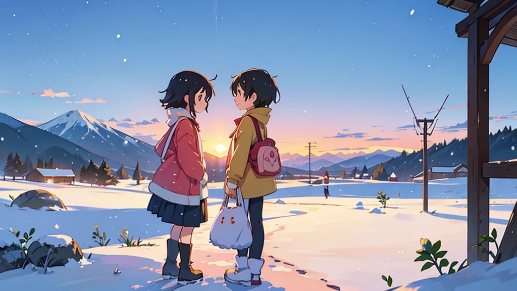 2 personas juntas Un chico y una chica jugando in the snow, in with a town, surrounded by mountains covered with white snow, scene set in a village an image by Makoto Shinkai, trend on pixiv, conceptual art, guweiz style artwork, Guweiz and Makoto Shinkai, Sakimichan and Makoto Shinkai, ( ( Makoto Shinkai ) ), in the snow, beautiful anime scene. Momoko Sakura, Kawaii Design, details of and body, back view