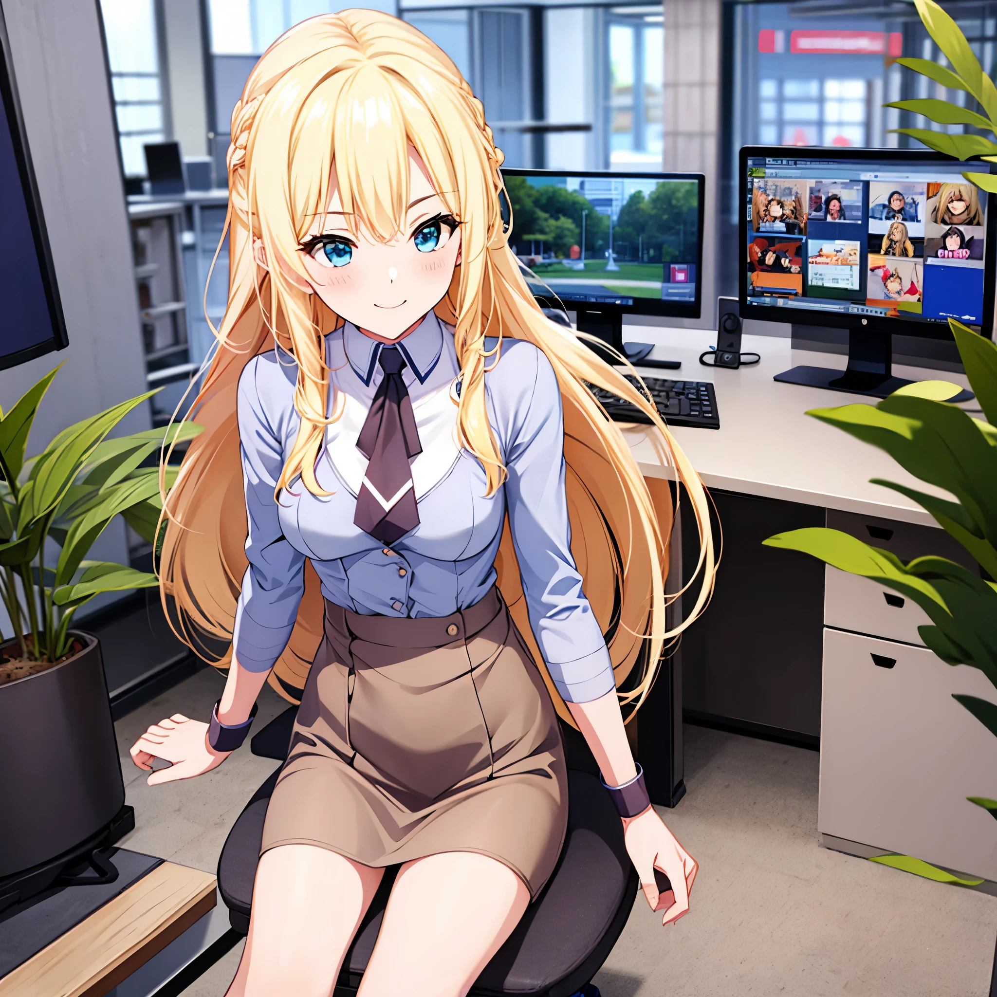 One girl, Long Hair, Gaze, chest, smile, Blonde, Large top quality, office、suit、shirt、Tight Skirt、desk、computer、deskチェア、Sitting