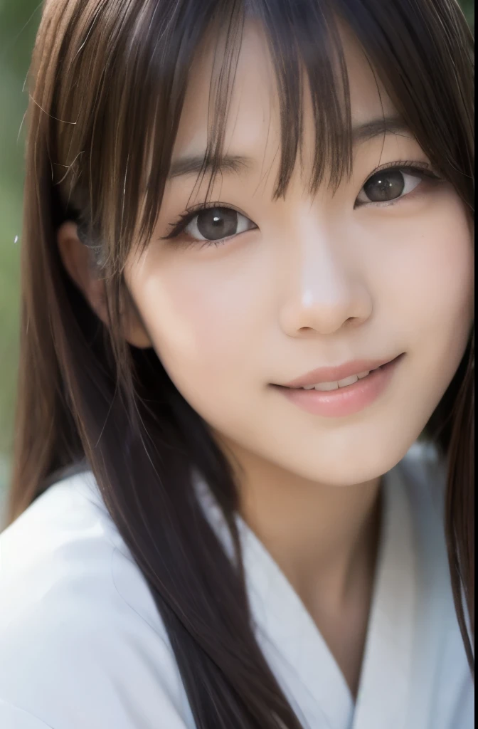 best quality, face focus, soft light, ultra high res, (photorealistic:1.4), RAW photo,(Shinozaki Ai), white skin, kawaii,
1 Japanese girl, solo, cute, (smile), (pupil, lights in the eyes),  detailed beautiful face, Medium-sized breasts,(high resolution detail of human skin texture),(long hair),(portrait), upper body, white traditional kimono, in the forest,