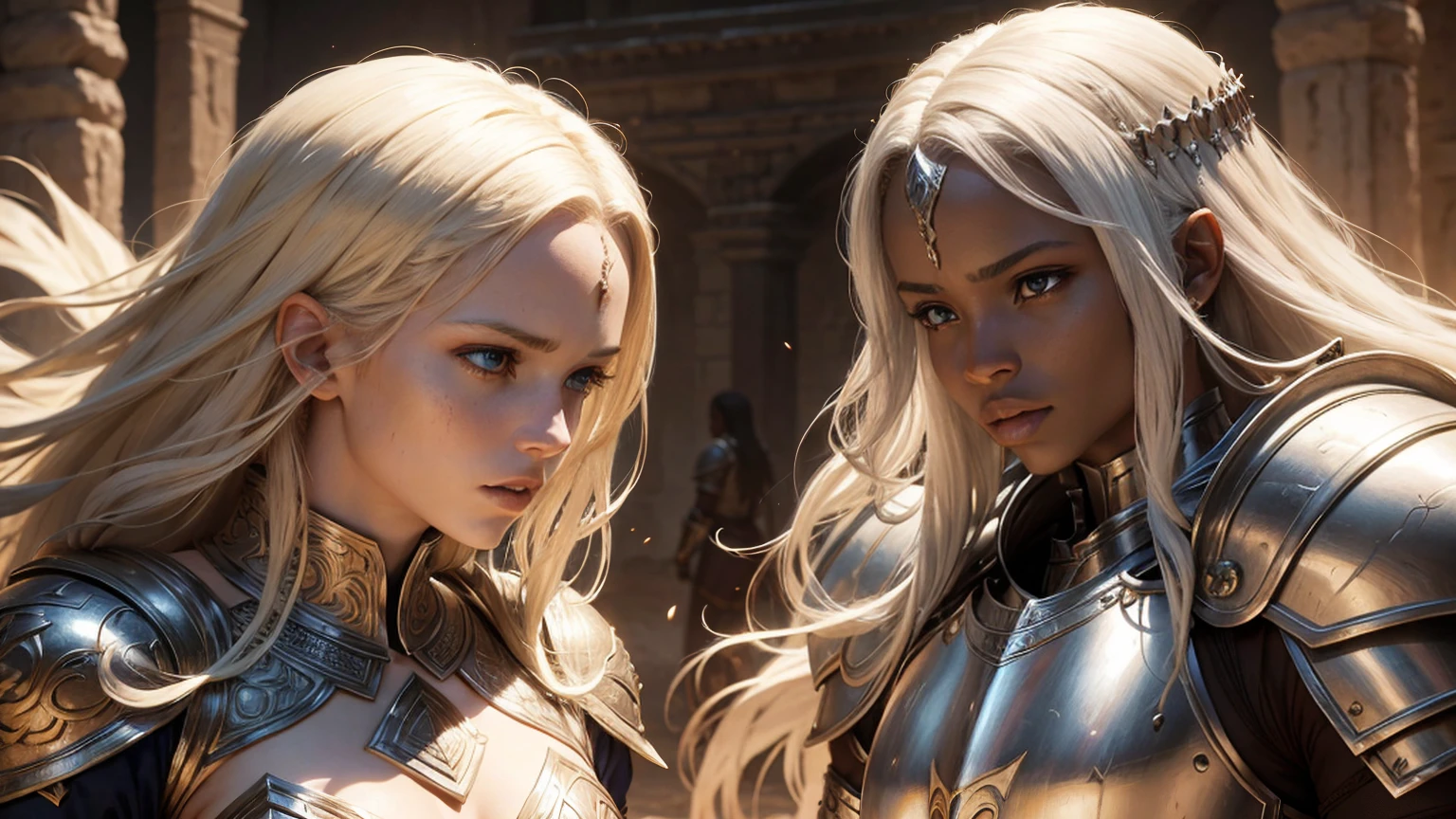 White a blond girl in white armor, an african woman with a sword, female warriors fighting, intricate detailed armor, detailed facial features, dynamic action poses, chiaroscuro lighting, rich saturated colors, fantasy medieval setting, cinematic dramatic composition