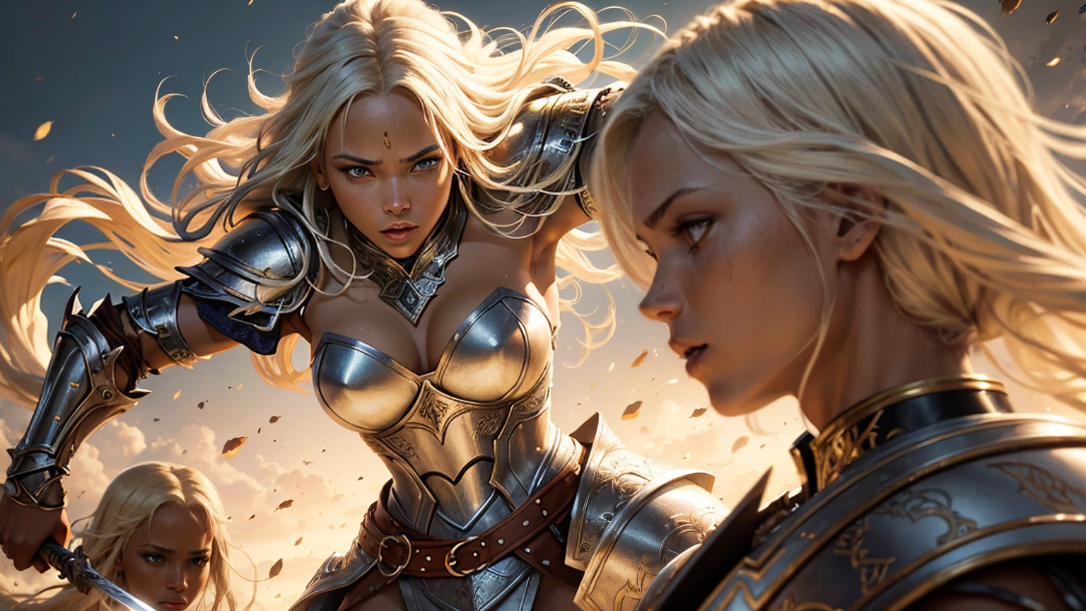 White a blond girl in white armor, an african woman with a sword, female warriors fighting, intricate detailed armor, detailed facial features, dynamic action poses, chiaroscuro lighting, rich saturated colors, fantasy medieval setting, cinematic dramatic composition