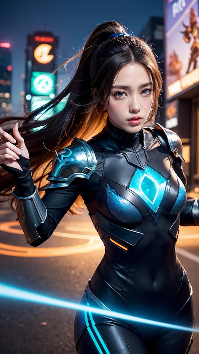 "Illustrate Caitlyn from League of Legends by Riot Games in her Pulsefire skin, featuring her sleek, no having clothes,time-travel armor with glowing blue accents and advanced tech, having massive k-cups:1.55. She's in a futuristic cityscape with flying cars and holographic advertisements, in an attractive pose with a determined, vigilant look."