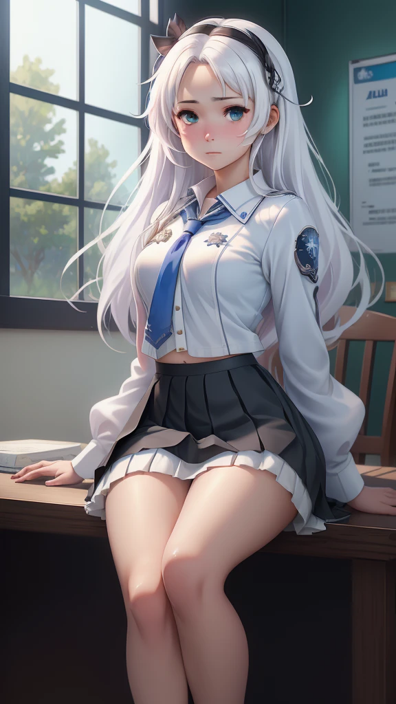 anime girl sitting in chair with cigarette in mouth and looking out window, (beautiful anime high school girl:1.4) , (cabello white +violent :1.4),(cabello violet V2.1), (Black pleated skirt:1.4), (seductive anime girl) , a hyperrealistic schoolgirl, anime visual of a cute girl, the anime girl is crouching, (azur lane style:1.4) , still from tv anime, from the azur lane videogame, anime opening, anime best girl, (hyperrealistic schoolgirl:1.4) , high quality, (RAW photo, best quality), (realistic, photorealistic: 1.4), (extremely delicate and beautiful: 1.4), amazing, fine details, masterpiece, ultra detailed, high resolution, best illustration, best shadow, intricate, ( extremely intricate: 1.2), (exquisitely detailed skin), cinematic light, perfect anatomy, (cool color: 1.4), sharp focus, 8k UHD, DSLR, (Fujifilm XT3),More detailed 8K.motor irreal:1.4,UHD,La mejor calidad:1.4, fotorrealista:1.4, textura de la piel:1.4, obra maestra:1.8,obra-prima, mejor calidad,objeto Objeto], (detailed face features:1.3),(Las proporciones correctas),(Ojos hermosos azules),  (pose vaquero), (mostrando panties white encaje :1.4), (modelo Rusia y japonesa belleza :1.4), (alya sometimes hides her feelings:1.4), (iluminación cinematográfica :1.4), (upskirt panties :1.4), (Alya Mikhailovna Kujou:1.4), (Alya Mikhailovna Kujou V2.1) 