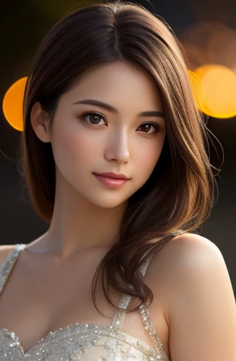 (Highest quality), (Very detailed), (figure), (Detailed light), (Very delicate and beautiful), One japanese Girl, 35 years old, Brown Hair, Brown eyes, Modeled, Exposing shoulders、Proudly:1.2), Highest quality, Very detailed CG synthesis 8k wallpaper, High-resolution color, Professional, (((bokeh))), Depth of written boundary, Twilight, sunset,