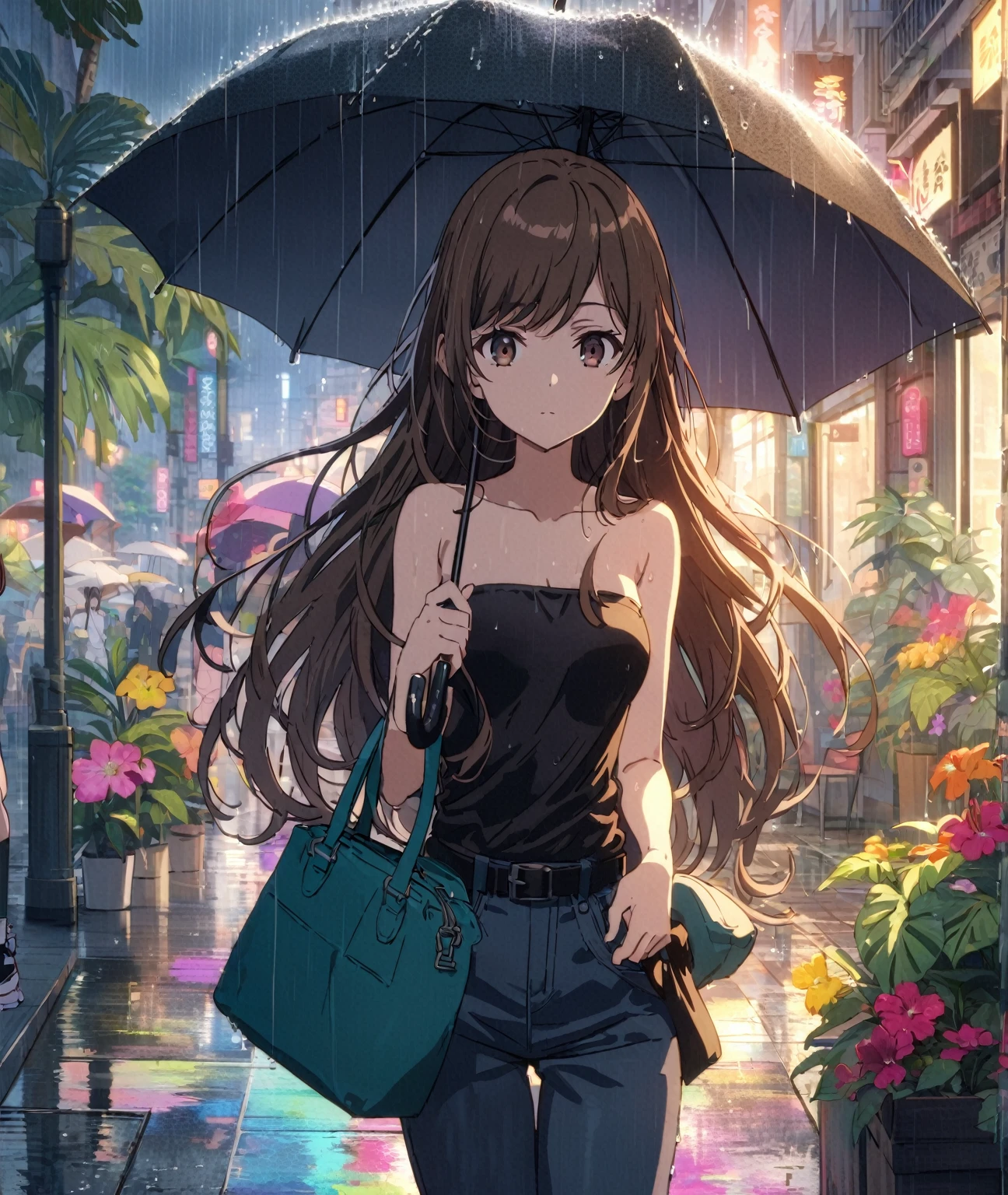 Best quality, masterpiece, stoic girl holding umbrella, very long hair, brown hair swept bangs and brown eyes, strapless sleeveless black shirt, jeans, black belt, teal satchel, sneakers, anime cartoon, city street, rain, puddles, tropical plants, colorful flowers, overcast, dusk