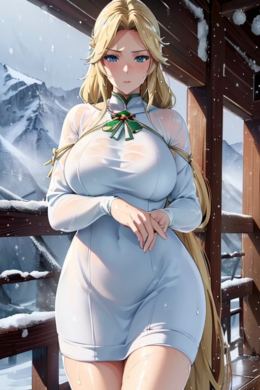 (Blonde woman,The facial expression is accurate,Anime style face,greenish blue eyes )
Group
((((The location is Fuyuyama))))
((((The location is a winter mountain in a snowstorm.))))
((((The woman is wearing a white dress))))
8k((((Snow Woman))))
8k(((((Wet)))))
((Staring at me))
Emphasize the breasts and draw the body