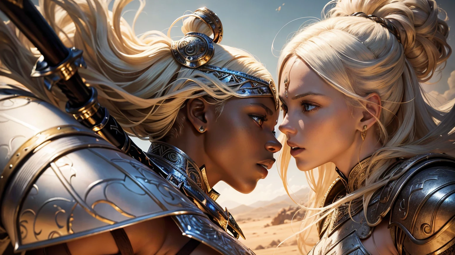 White a blond girl in white armor, an african woman with a sword, female warriors fighting, intricate detailed armor, detailed facial features, dynamic action poses, chiaroscuro lighting, rich saturated colors, fantasy medieval setting, cinematic dramatic composition in african