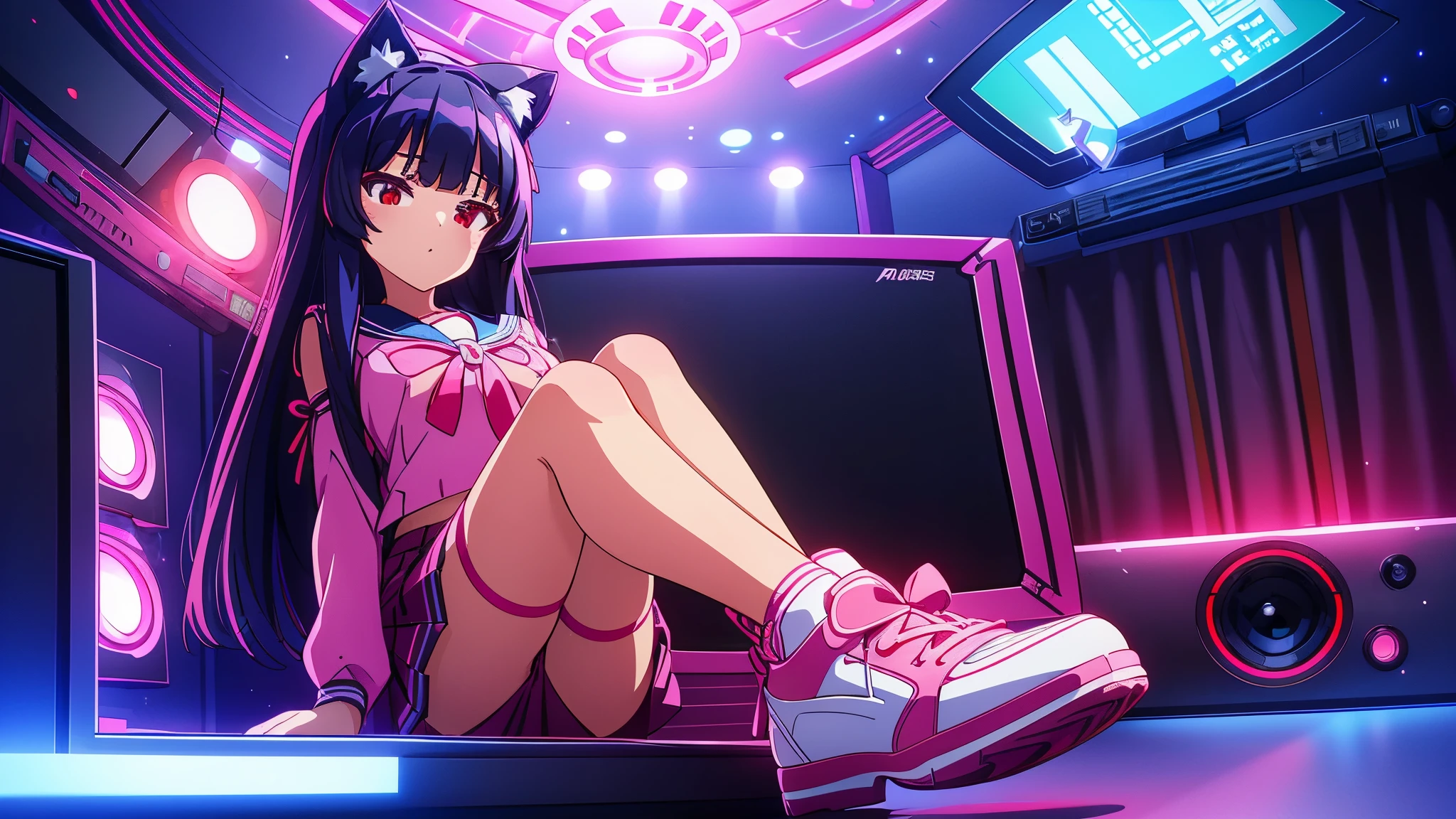beautiful girl incredible quality perfect anatomy nekomimi 4k vtuber with red eyes multiple color blue and black hair with pink ribbon Short pleated skirt sailor style blouse long sleeve white long stockings pink tennis shoes with black vtuber youtuber in recording studio room PC gamer in the background and cyberpunk LED lights