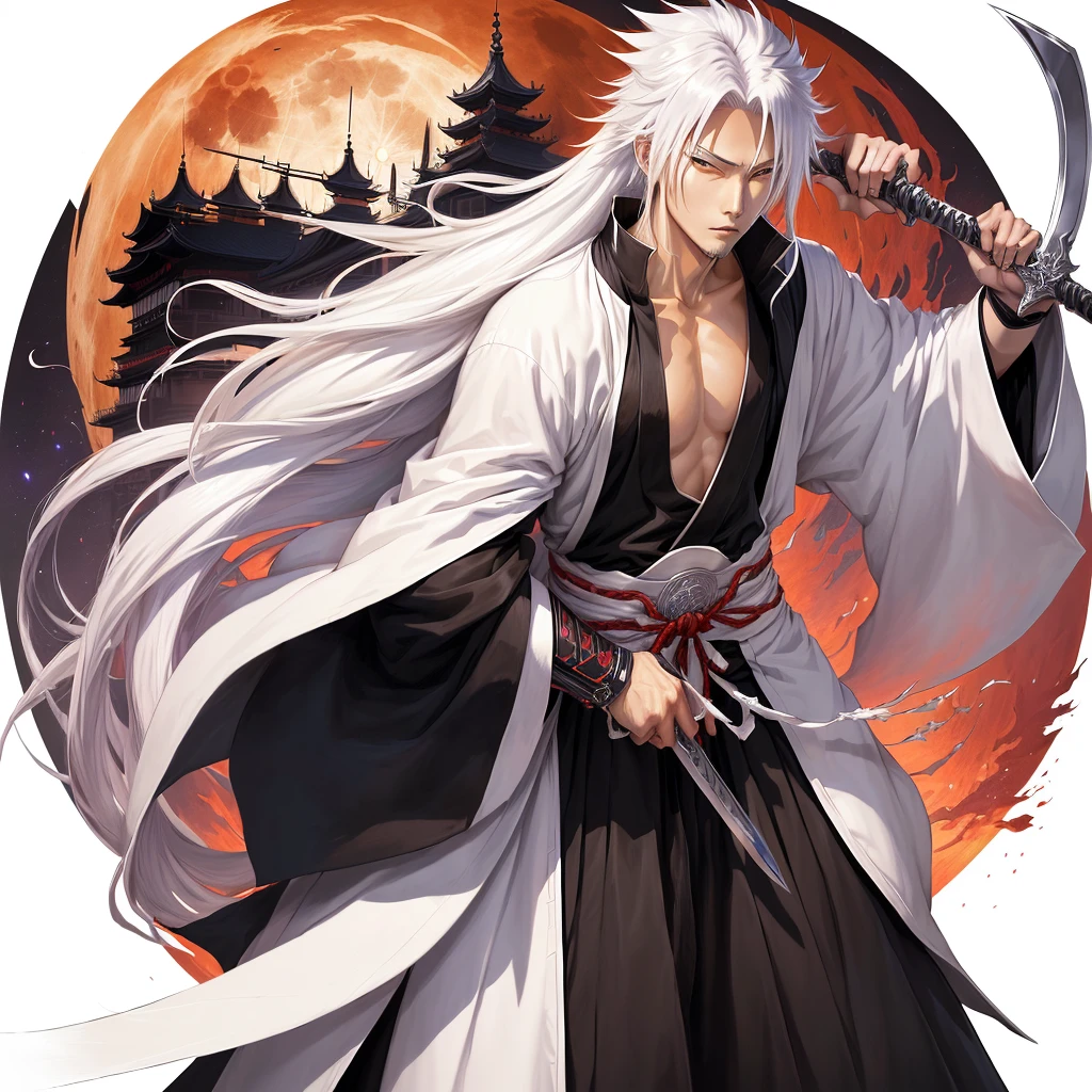 anime character with sword and robe holding a sword in front of the full moon, bleach manga style, Ichigo Kurosaki, Beautiful male god of death, Akiyuki Shinbou, Shikanosuke Yagaki, bleach, official art, white fox anime, White haired deity, Kazuya Tsurumaki, A silver haired madman, yakisugi based on the anime Bleach