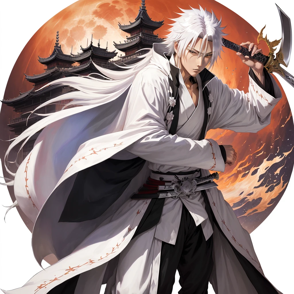 anime character with sword and robe holding a sword in front of the full moon, bleach manga style, Ichigo Kurosaki, Beautiful male god of death, Akiyuki Shinbou, Shikanosuke Yagaki, bleach, official art, white fox anime, White haired deity, Kazuya Tsurumaki, A silver haired madman, yakisugi based on the anime Bleach