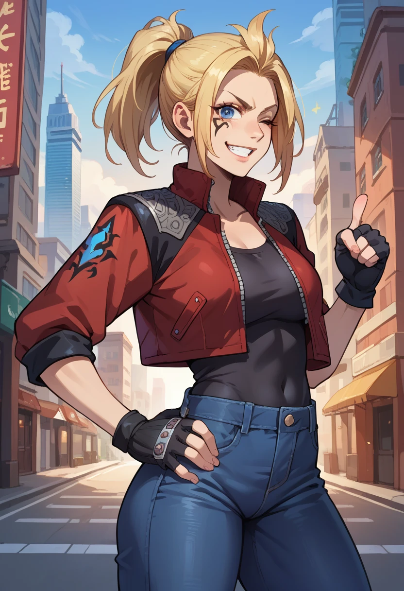 score_9, score_8_up, score_7_up, 1girl, solo, (female:1.5), female focus, female body, solo, zell, solo, blue eyes, gloves, jacket, blonde hair, long hair, medium ponytail, tattoo, gloves, facial tattoo, red jacket, black jacket, two-colours jacket, black shirt, fingerless gloves, denim, standing, grin, winking, single thumbs up, looking at you, city,