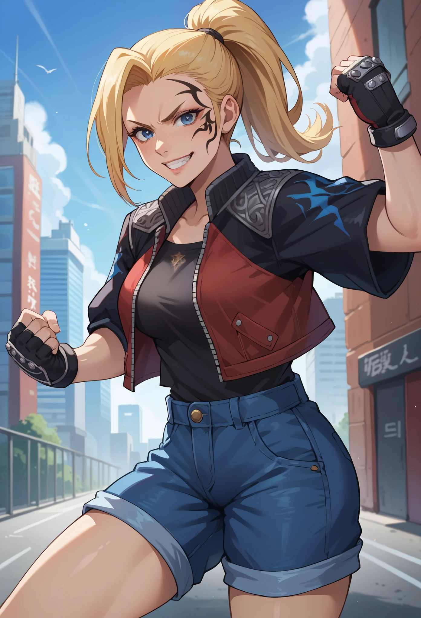 score_9, score_8_up, score_7_up, 1girl, solo, (female:1.5), female focus, female body, solo, zell, solo, blue eyes, gloves, jacket, blonde hair, long hair, medium ponytail, tattoo, gloves, facial tattoo, red jacket, black jacket, two-colours jacket, black shirt, fingerless gloves, shorts denim, standing, grin, fighting pose, looking at you, city,