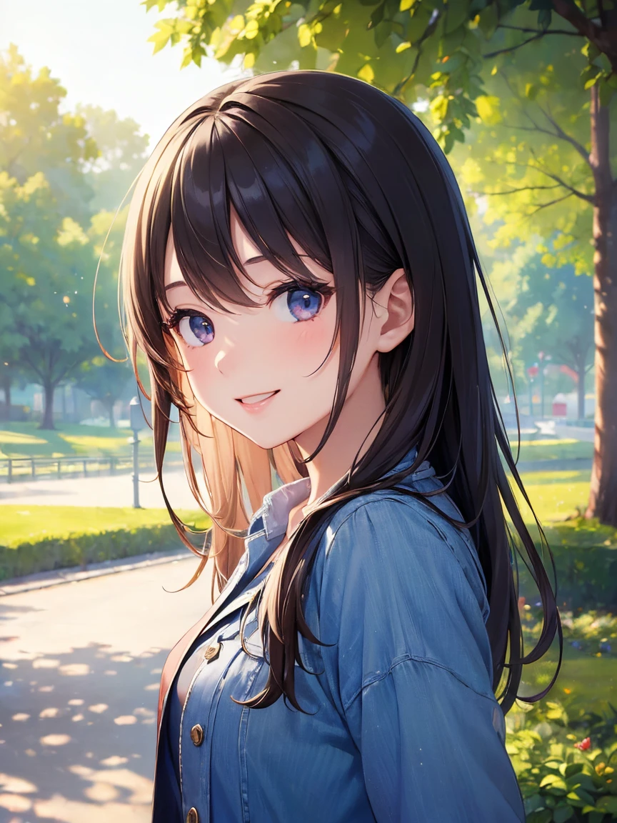 (masterpiece:1.5),(Beat quality),(high res),1girl solo,beautiful face,smile(shining eyes),upper body,light effects,Woman in plain clothes,The background is the park in the morning