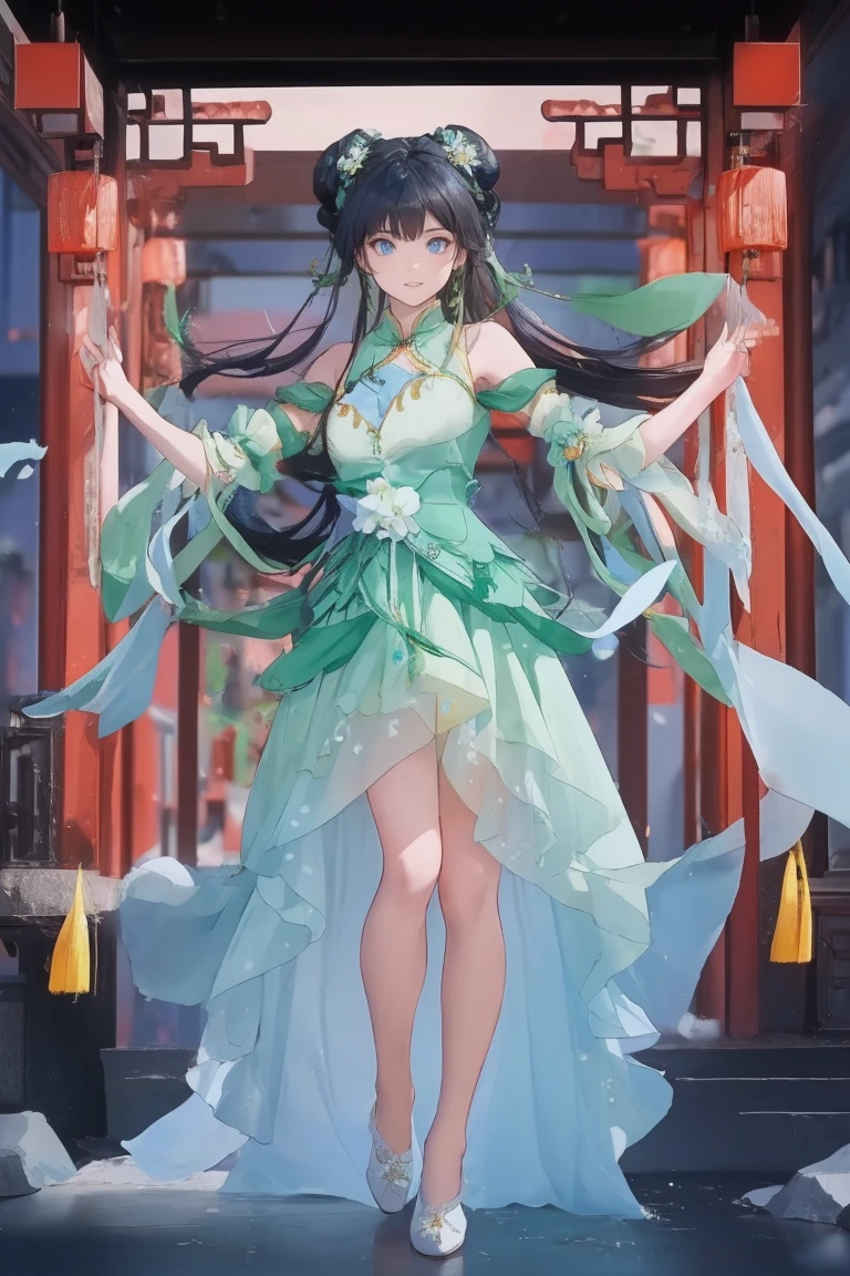 This is a realistic photo,full body shot,a chinese girl,biyao,1girl,solo,dress,twintails,black hair,hair ornament,long hair,Emerald,looking at viewer,jewelry,clothing cutout,green dress,simple background,green eyes,hair bun,earrings,shoulder cutout,double bun,black hair, brown hair, hair ornament, long hair, twintails, hair rings, hair bun, blue eyes,zhuxianbiyao,hanfu,