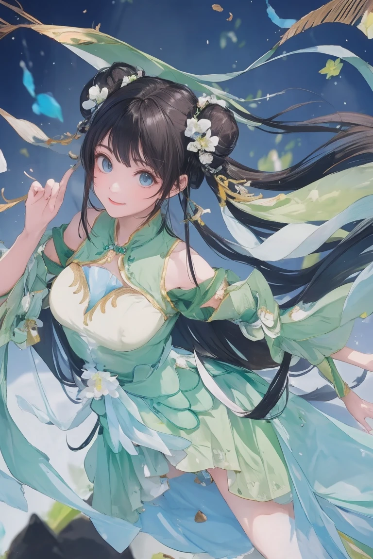 This is a realistic photo,full body shot,a chinese girl,biyao,1girl,solo,dress,twintails,black hair,hair ornament,long hair,Emerald,looking at viewer,jewelry,clothing cutout,green dress,simple background,green eyes,hair bun,earrings,shoulder cutout,double bun,black hair, brown hair, hair ornament, long hair, twintails, hair rings, hair bun, blue eyes,zhuxianbiyao,hanfu,