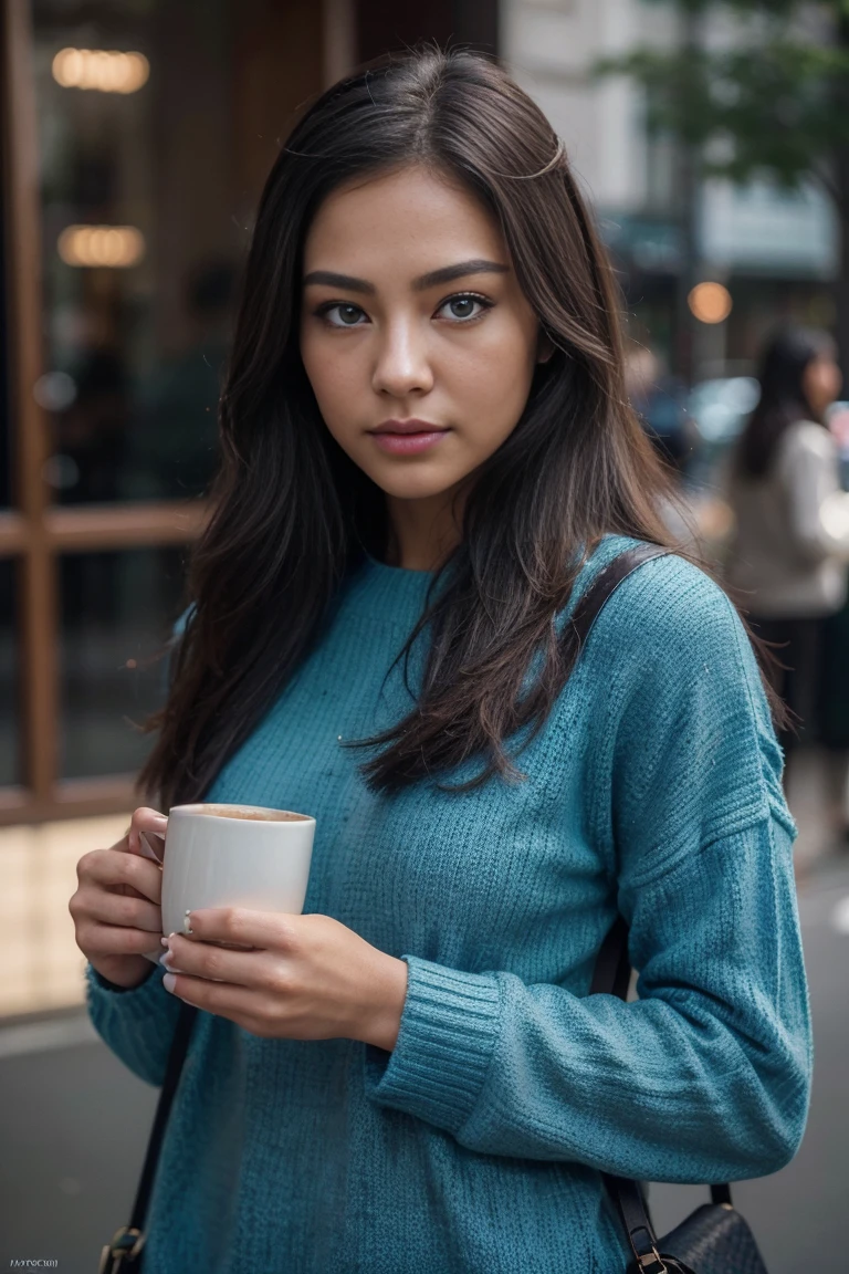 coffee cup, With a big sweater ((must)), Waiting for coffee, Idol, raw, analog, Nikon Z85mm, ((best quality)) ((Masterpiece)), complicated details, มีHighly detailed, Sharp focus, professional, photorealistic, After processing, Highly detailedสุด, Roughness, real life, ultra realistic, Optical Realism, photography, photography, light and shadow, (realistic, photo-realistic:1.37),miraculous, exquisite details, Masterpiece,best quality,official art, มีรายVery detailed CG unity 8k wallpaper,perfect work of art,Influencer, bag set, clothes, upper body, shiny hair, glowing blue eyes, Shiny skin, realistic,The perfect woman&#39;s figure, mature woman, small waist, look at viewer, charming,best quality ,Masterpiece, illustration, an extremely delicate and beautiful, มีรายVery detailed , miraculous, exquisite details, Masterpiece,best quality,official art,nonsense, incredibly nonsense, large file size, Very detailed, height, มีรายVery detailed,Beautiful and detailed girl, มีรายVery detailed brow eyes and face, Beautiful and detailed blue eyes,light on face,movie light,see through,look at viewer, jut, Reveal the buttocks.,NRF:1.5,Masterpiece, best quality, High quality, high definition, เนื้อสัมผัสHigh quality, เงาHigh quality, Highly detailed, Beautiful and detailed, exquisite detailsed, มีรายVery detailed cg, Fine texture, a realistic representation of the face, realistic, colorful, delicate, Cinema-grade lighting, On the side of the road, lens flare, Ray Tracing, Sharp focus, (complicated details, put on makeup, (detailed beautiful delicate face, detailed beautiful delicate blue eyes, A perfectly proportioned face, Highly detaileded skin, Fine skin, The best ratio is four fingers and one thumb., wide hips, smooth midriff, skinny and thin, alone ,(young), Highlight the face, upper body, detailed face, Torn mole, white skin, long hairสีดำ((all hair)), long hair, large dark blue eyes, placed on the bar, Waiting for coffee, clothesสไตล์สตรีทเต็มรูปแบบ, black cargo jeans, Oversized t-shirt, Nike Ai sneakers