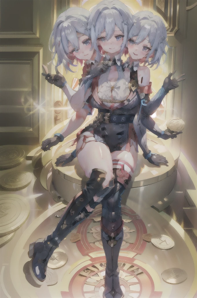 Masterpiece, best quality, Topaz V4, 1 girl, alone, look at viewer, รอยsmile, shirt, hair accessories, glove, rift, bare shoulders, sit, full body, white shirt, boots, glove, black glove, black shoes, smile, thigh strap, knee boots, cross your legs, coin, coin, DSLR Photos, (8ก, 4K, Masterpiece),(Masterpiece, best quality), best resolution, (3 heads:1.5), aqua hair, twin tail, long hair, tear, open mouth, รอยsmile, be happy, Arms separated,Hotel Rooms, arm circle, (Put your hands on your head...), (lower hand on ankle), (lower hand on leg), Full content in the frame, full body view, (four arms),(Multi-arm),(many hands), รูปร่างเพรียวบาง Masterpiece,best quality,best resolution,1 woman,many heads, upper body, รอยsmile, Blush, outdoor, day, simple background, blue sky, short hair, sky, measure, Look at the viewer., stairs, mountain, mood light, Facing the audience,big breasts,simple background,Beautiful face,Beautiful hair,beautiful eyes,beautiful body,Beautiful hands,conjoined twins