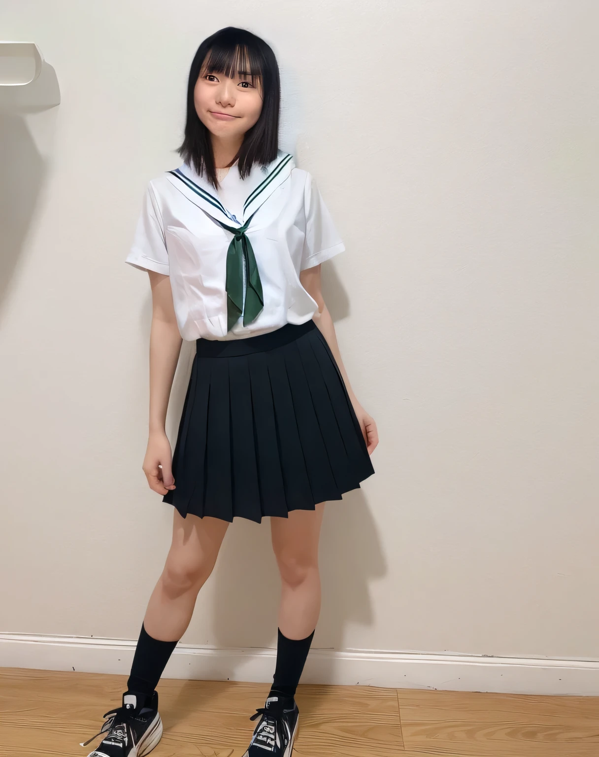 Super detailed,Highest quality,1 high school girl,Wearing a short-sleeved white blouse,black pleated mini skirt,a bit,Standing a bit sideways in front of a large white sofa in a room with white walls,illuminated by sunlight from the window,Wearing black sneakers,Posing for a photo,The distant background is blurred