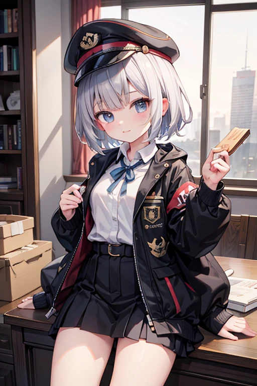 anime style,super fine illustration, masterpiece,best quality,super detailed,8k,BREAK girl,cat years,white short hair,独奏,army jacket,army hat,BREAK Get food box。BREAK in commander room,detailed background,