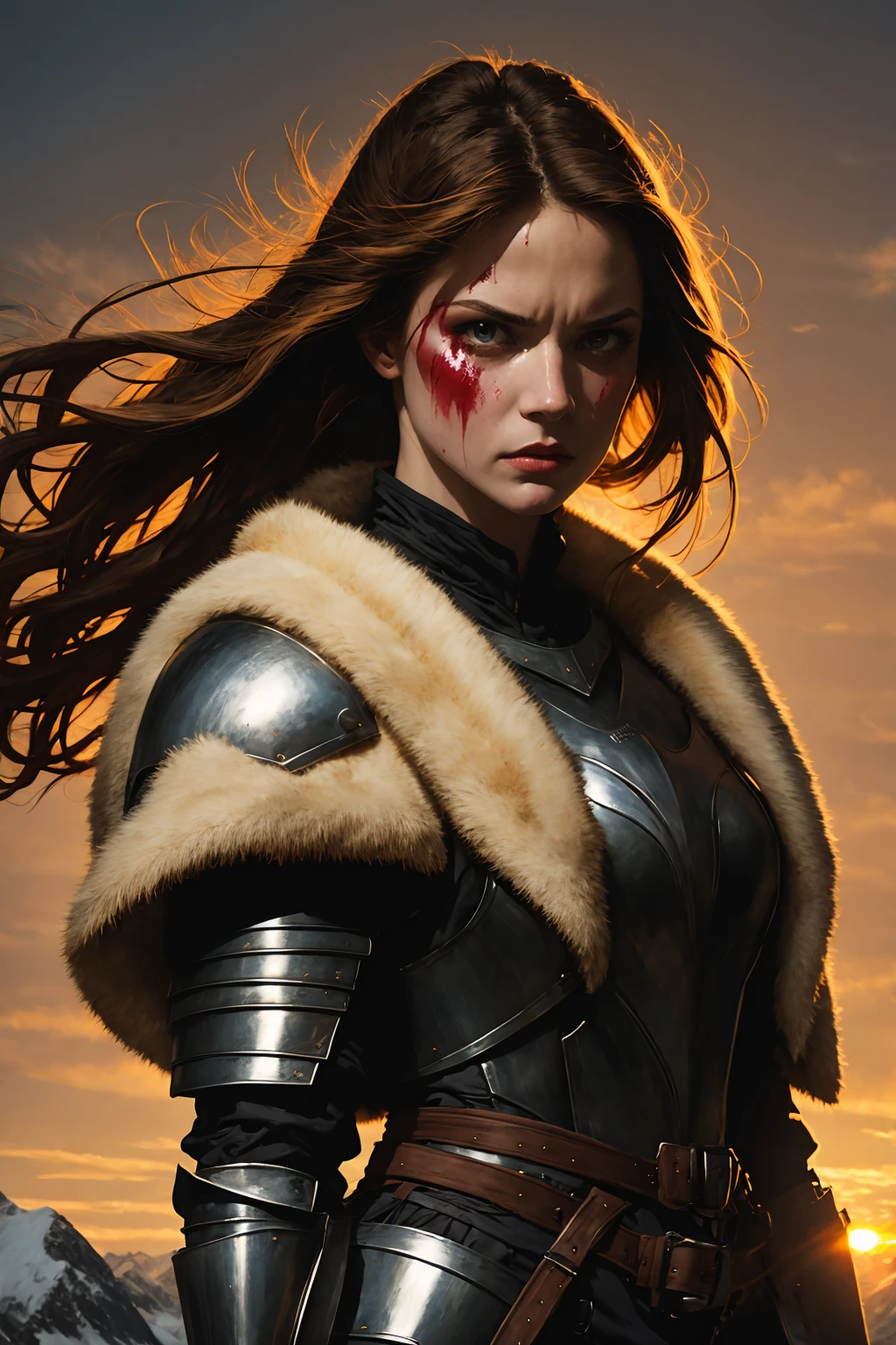 Norse warrior woman, plate armor, tousled, highlight long braided hair, (bloodied face), angry expression, fur-laden cape flowing, frame capturing full Body, mountainous snow-capped background, glowing sunrise highlighting her face, winter-themed color palette, (vibrant and muted color balance:1.2), (in style of Nicola Samori:1.2)