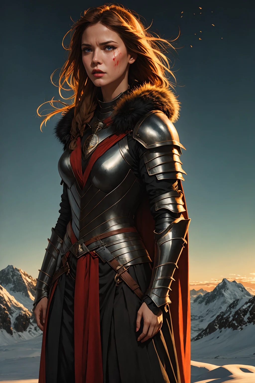 Norse warrior woman, plate armor, tousled, highlight long braided hair, (bloodied face), angry expression, fur-laden cape flowing, frame capturing full Body, mountainous snow-capped background, glowing sunrise highlighting her face, winter-themed color palette, (vibrant and muted color balance:1.2), (in style of Nicola Samori:1.2)
