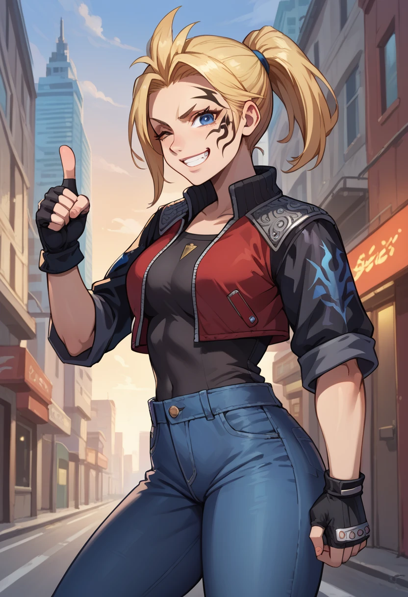 score_9, score_8_up, score_7_up, 1girl, solo, (female:1.5), female focus, female body, solo, zell, solo, blue eyes, gloves, jacket, blonde hair, long hair, medium ponytail, tattoo, gloves, facial tattoo, red jacket, black jacket, two-colours jacket, black shirt, fingerless gloves, denim, standing, grin, winking, single thumbs up, looking at you, city,