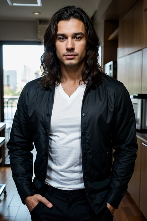 Handsome Man 38 years old, lean muscular body, tan skin olive, his eyes are blue, 1.90m, his hair is dark brown with natural waves that flow down his shoulders, a little stubble unshaved, wearing a black jacket, white shirt, black pants