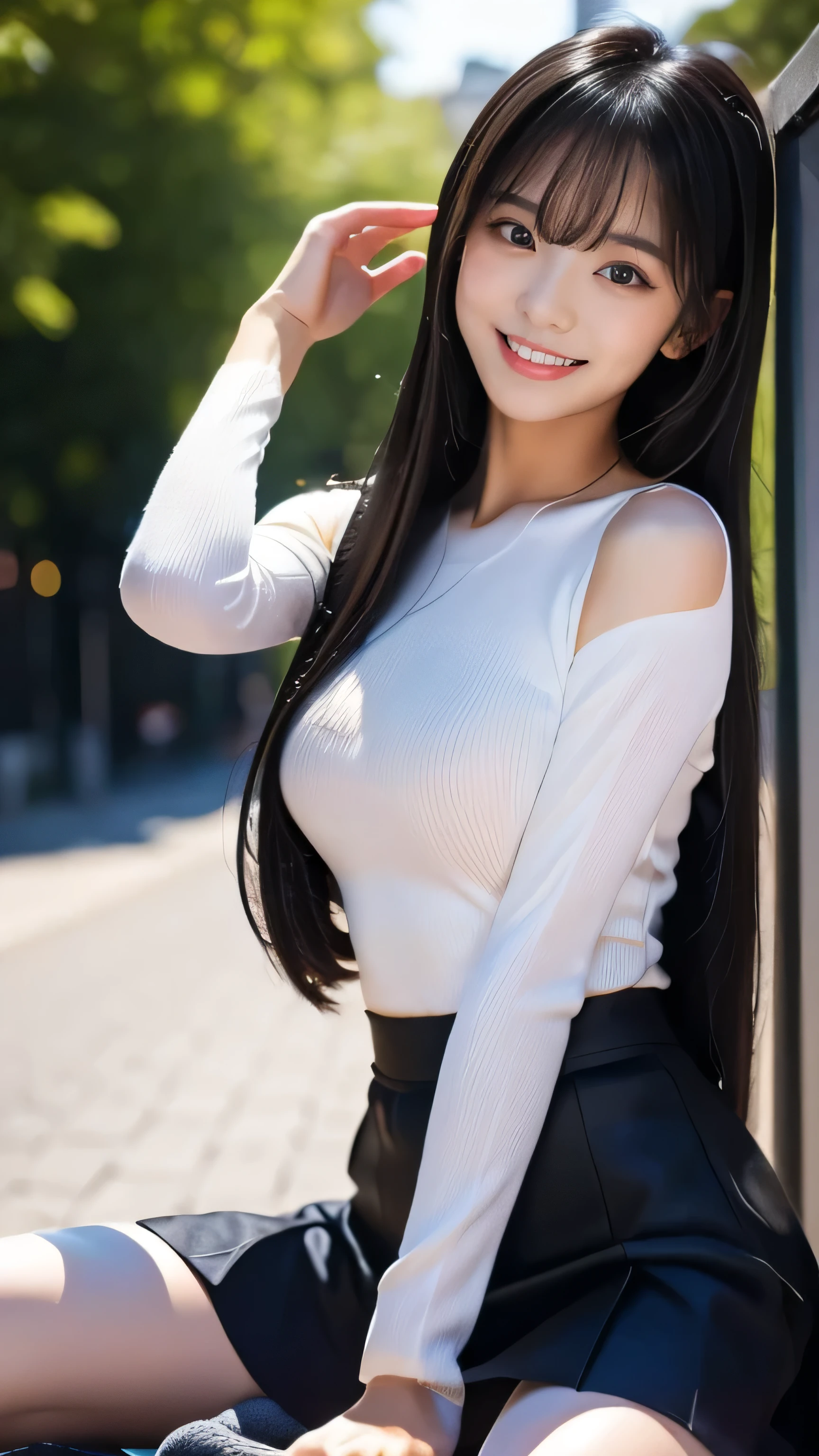 Create an ultra-realistic image of a 21-year-old Japanese woman named Kotone wearing a mini skirt and knee-high socks. She has extremely long, perfectly straight black hair that flows down to her waist, with blunt bangs that cover her forehead. Her eyes are large, enchanting, and have double eyelids with sparkling black pupils, giving them a captivating and youthful appearance. Her face is delicate and innocent, with very thin eyebrows that frame her large, childlike eyes. She has a small mouth with sexy lips, and her skin is smooth and flawless, resembling snow in its pure white color. She has a slender and well-proportioned body with a shapely bust size of 95 cm, a height of 158 cm, a weight of 43 kg, an ideal waist size of 58.46 cm, and an ideal hip size of 86.73 cm. Her complexion is flawless, without any wrinkles, and her natural makeup enhances her features subtly, maintaining a fresh and youthful look. She embodies a perfect balance of youthful charm and mature elegance, with a cute and innocent smile that adds warmth and affection to her appearance.
Kotone should be depicted facing forward, with her body positioned to emphasize her front. Her long black hair should flow naturally over her shoulders, framing her face and upper body. She is wearing a stylish mini skirt paired with knee-high socks and a chic top. Her pose should be confident and relaxed, with her arms gently at her sides or holding a small accessory, such as a handbag or a phone. Her expression should be warm and inviting, with a friendly smile that captures her youthful charm. The lighting should be soft and natural, focusing on her front and emphasizing the smoothness of her skin and the delicacy of her features, creating a sense of depth and realism. The background should be simple and neutral, ensuring that every detail of her appearance and the mini skirt and knee-high socks outfit is highlighted.