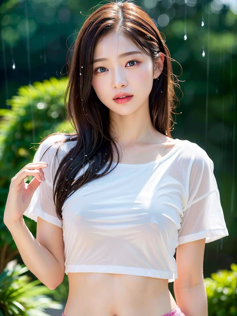 (masterpiece:1.3), (8k, Realistic, RAW Photos, Best image quality: 1.4), (Random Hairstyles:1.2)、(Highly detailed face)、Attention to detail、double eyelid、(Dark Eyes),(Sharp focus:1.2)、((whole body:1.7)),One Woman、Beautiful woman:1. 4,20-year-old woman、smile,Woman with a perfect body,Beautiful Abs,Chest-length hair、Highest quality、masterpiece、Ultra-high resolution、(Realistic:1.4)、super high quality、Symmetrical face、The face is very realistic、Photo level、8k最高画質はフル、Sebaceous reflex、The face is very realistic、Extremely realistic skin、Realistic light and shadow effects、(Pure and elegant girl),Professional Lighting、Swayback,Beautiful thighs,Sexy pose,((Underarm)),Seductive pose,((outside,rain)),((cloudy,evening)),(天気はrain:1.5),T-Shirts,(濡れたT-Shirts,透けてるT-Shirts,Wet body),(透明なT-Shirts),((濡れてるT-Shirts)),((透け透けT-Shirts)),(panties), (see-through bra)