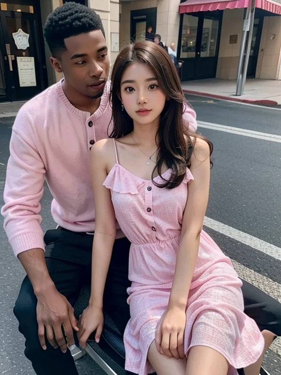 17 years old girl ((sit)) wearing pink dress, with black man bf in her side