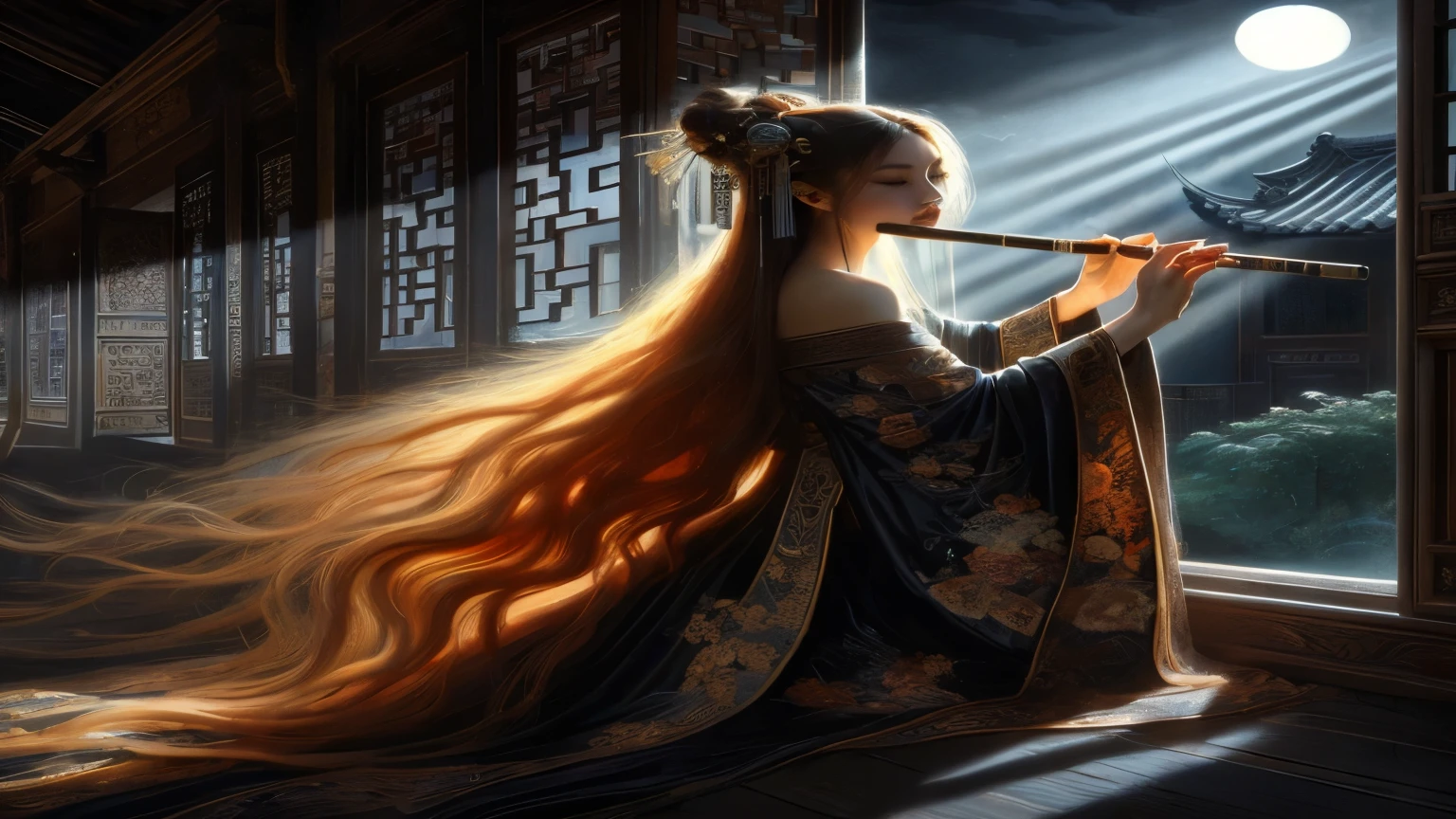 An ultra beautiful Asian woman, with long red and golden blonde hair, playing a richly painted Asian flute, Chinese woman wearing a long black robe, in a dark room where moonlight shines through the open balcony window, Chinese garden, night sky, black ink, in the style of Caravaggio, Fã Zhongzheng, and Da Vinci, 8K resolution, hyperdetailed, photorrealistic, an oil painting art style, nuanced,