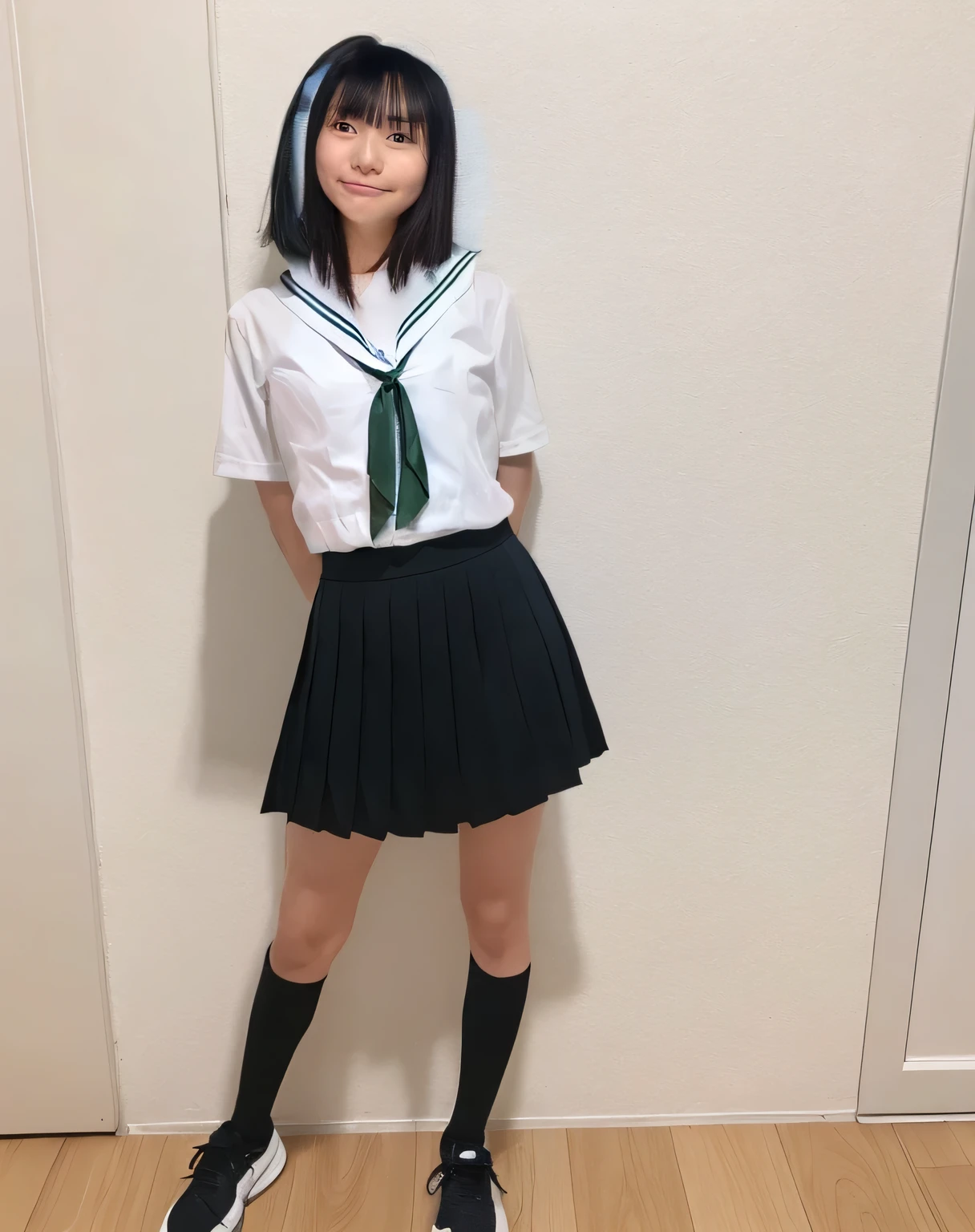 Super detailed,Highest quality,1 high school girl,Wearing a short-sleeved white blouse,black pleated mini skirt,a bit,Standing a bit sideways in front of a large white sofa in a room with white walls,illuminated by sunlight from the window,Wearing black sneakers,Posing for a photo,The distant background is blurred
