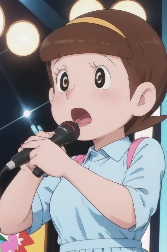 a beautiful idol girl hoshinosumire singing on stage, 1980s retro art style, 1990s style, detailed facial features, long eyelashes, detailed dress, cute expression, audience watching, best quality, 4K, 8k, highres, masterpiece, ultra-detailed, realistic, photorealistic, vivid colors, studio lighting, sharp focus, physically-based rendering, Full body image, Singing without a microphone, 5 heads, I'd like to make my breasts a little bigger.Expression full of pleasure